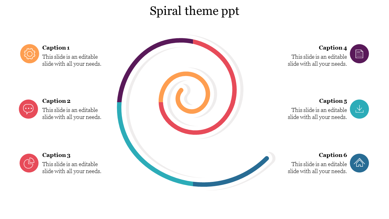 A vibrant spiral themed PowerPoint template featuring six segments with colorful icons and text placeholders.