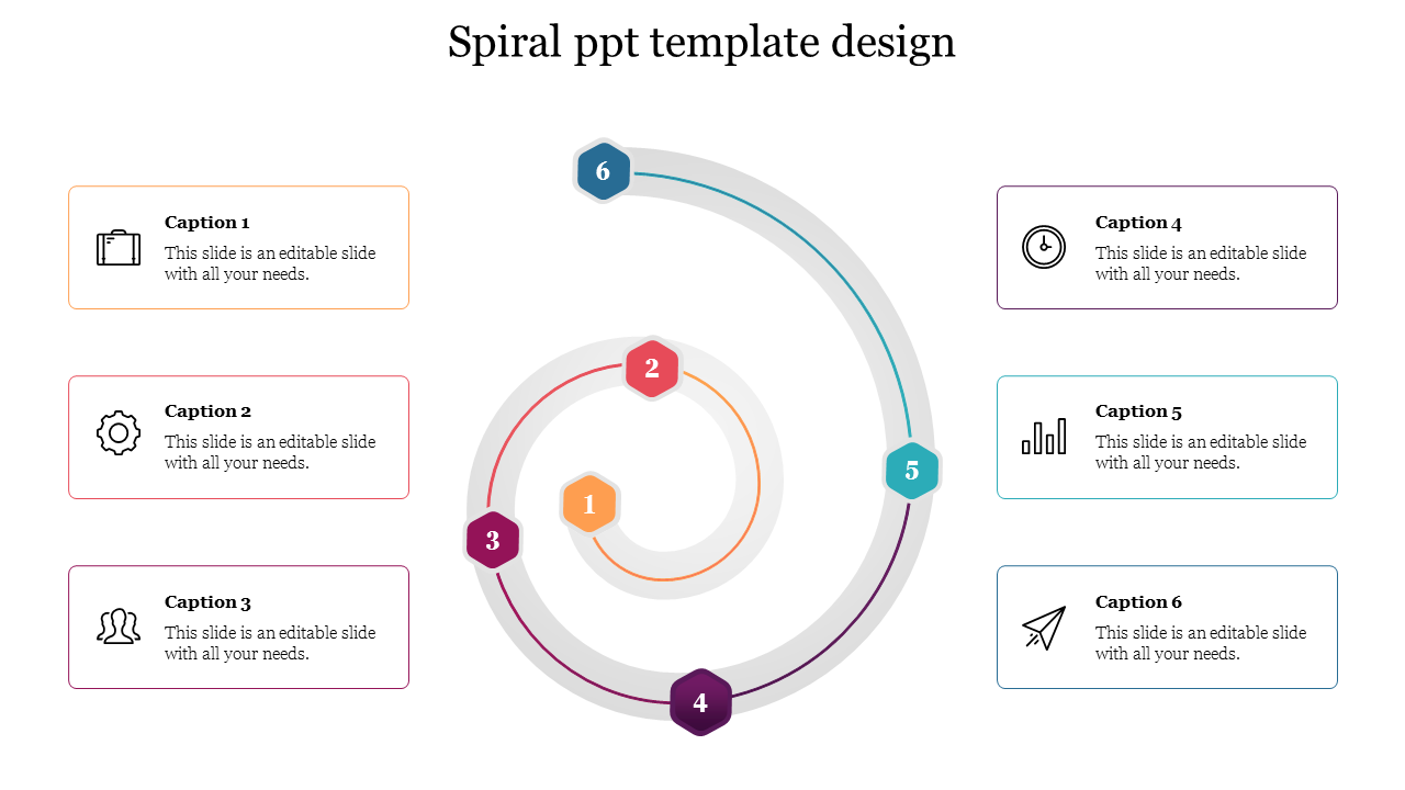 Spiral infographic with six numbered hexagons in gradient colors, linked to caption boxes with icons on both sides.