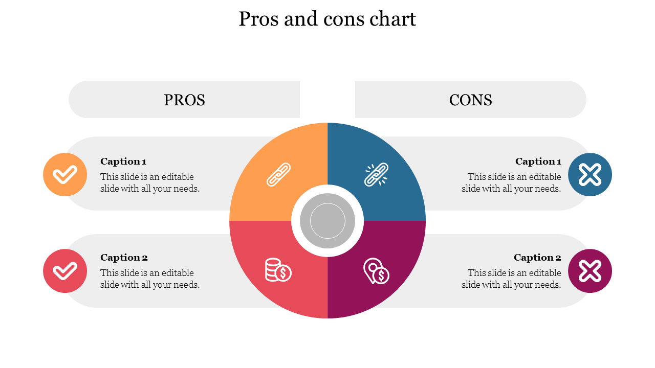 Pros and cons chart template with colored sections for each with icons, displaying two captions under each.