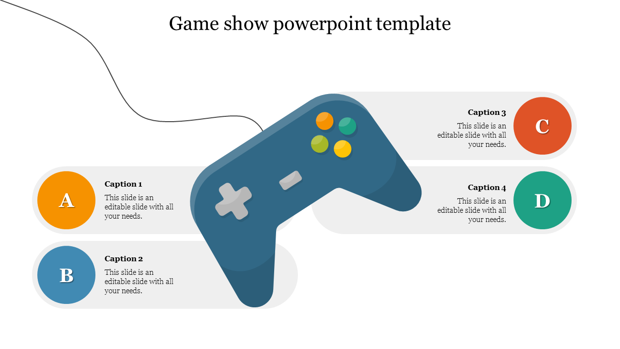 Colorful game show slide featuring a gaming controller and four caption sections labeled A, B, C, and D.