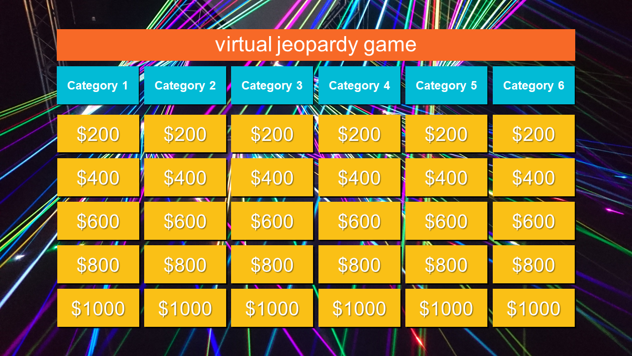 Grid layout with six blue categories and five rows of yellow blocks displaying values on a dark background with neon lights.