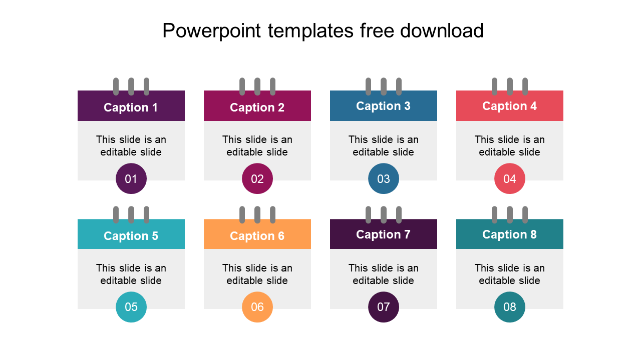 A colorful eight section grid layout with numbered placeholders for captions, each framed with different colors.