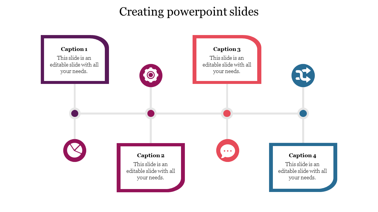 Slide with four circular icons and rectangular boxes in purple, pink, orange, and blue, connected by a horizontal line.