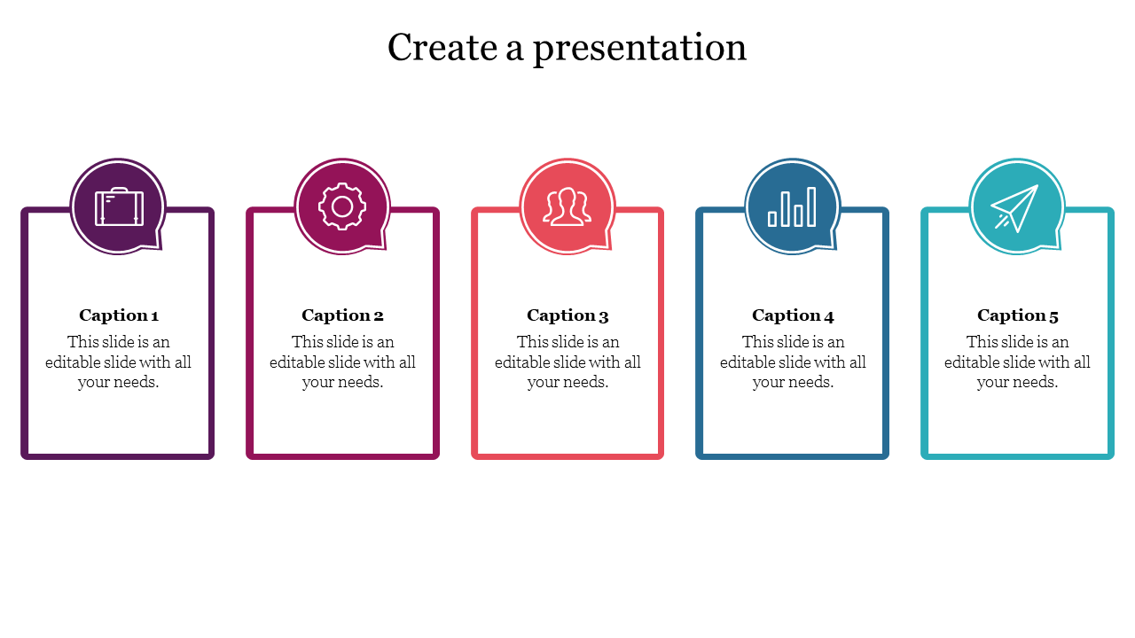 PowerPoint slide for creating a presentation with labeled sections for each phase of development, featuring colorful icons.