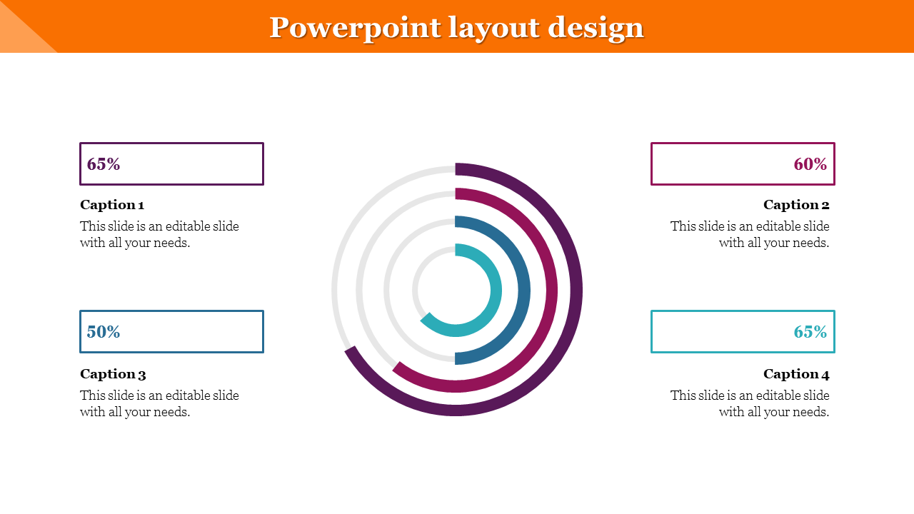 Progress chart PowerPoint slide displaying four sections with different completion percentages with captions.