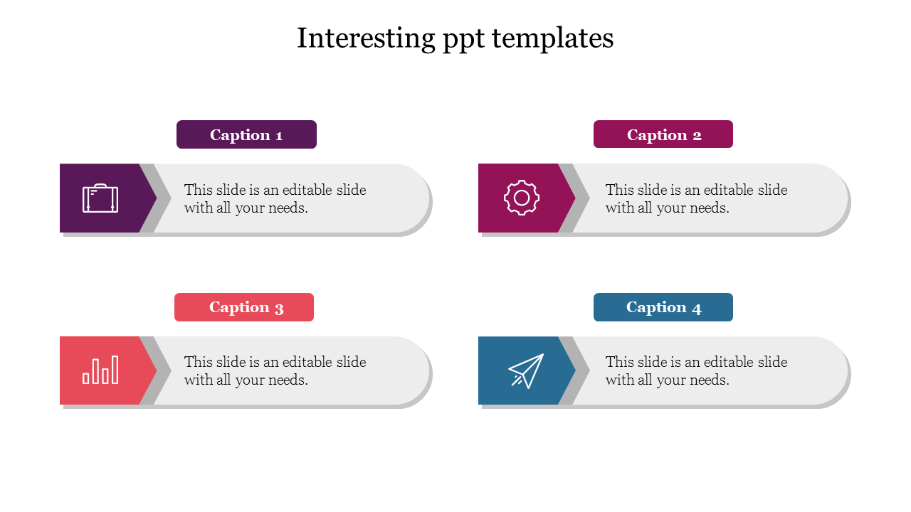 Slide with four horizontally aligned captions, each featuring colorful rectangular blocks, icons, and text areas.