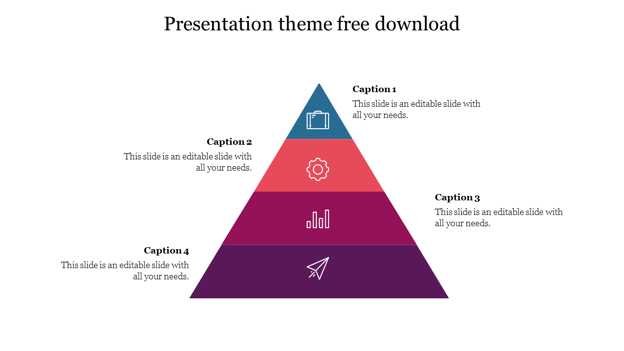 PPT slide design with a colorful theme pyramid shape, each section labeled with a different caption on a white backdrop.