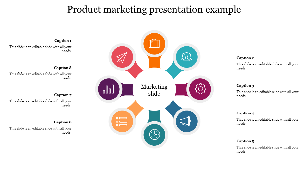 Product marketing slide featuring a central text with eight colored surrounding icons and captions on a white background.