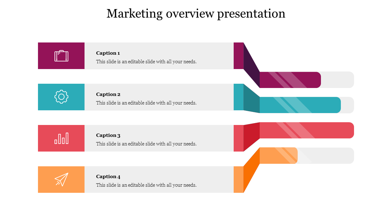 Marketing overview design with four staggered sections, each containing an icon, a caption, and space for text input.