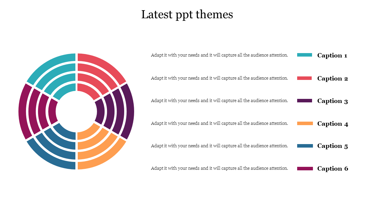 Multisegment latest circular infographic paired with captions areas on the right, showcasing six distinct categories.