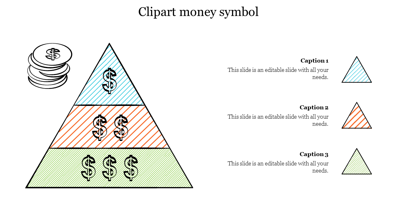 Triangle pyramid with three colored layers in blue, orange, and green, each featuring dollar signs, next to a stack of coins.