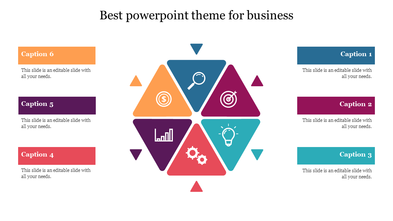 Best business PowerPoint theme with colorful triangles and text sections with icons on a white backdrop.