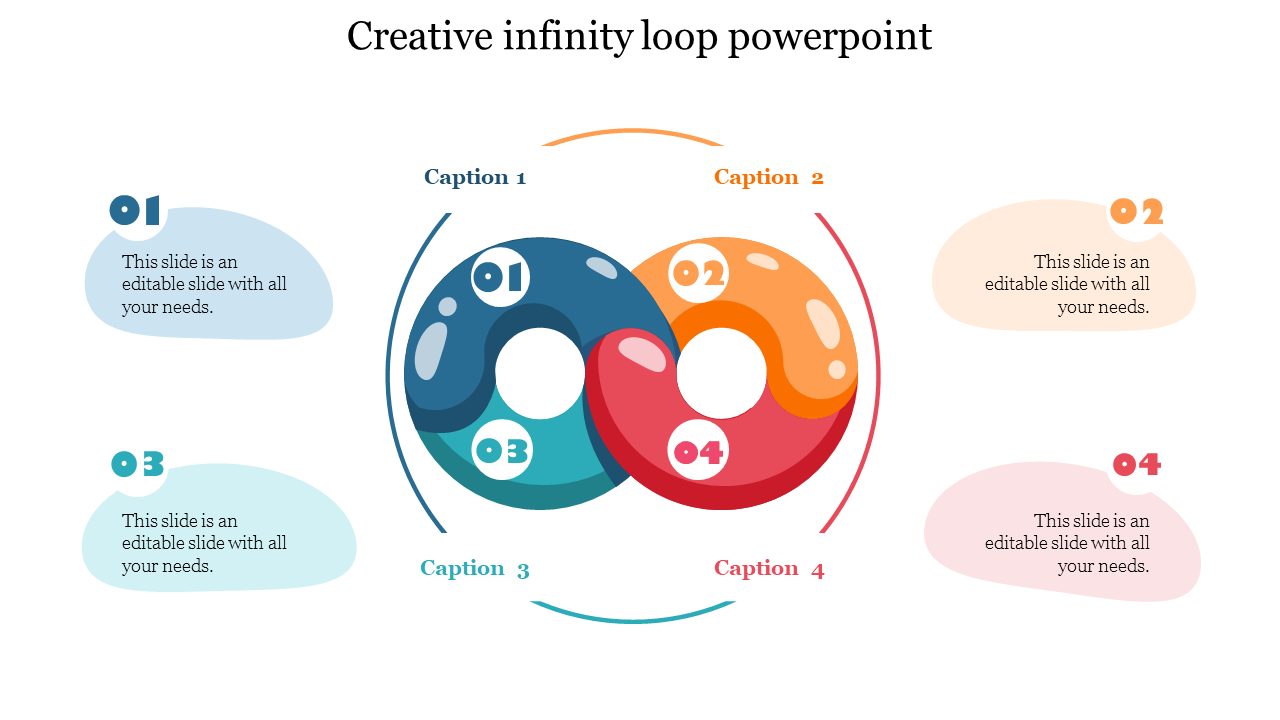 Creative infinity loop design with colorful rings in blue, orange, green, and red, showing steps 01 to 04 and text areas.