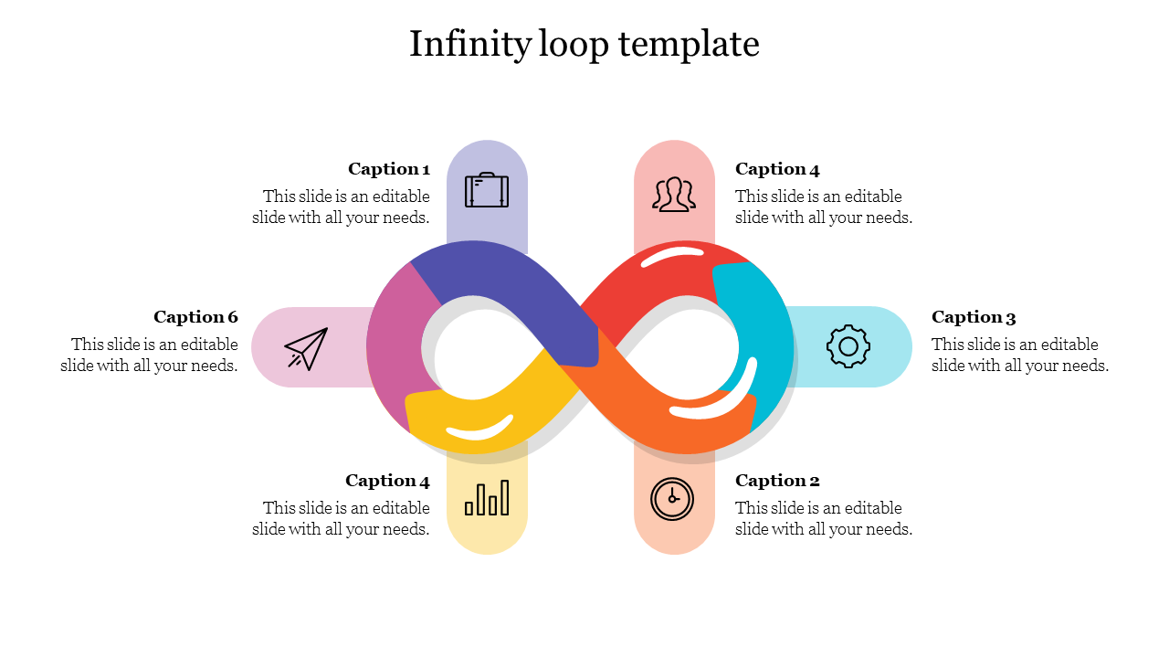 Infinity shaped loop with gradient colors, surrounded by six icons and captions in pastel colored sections.