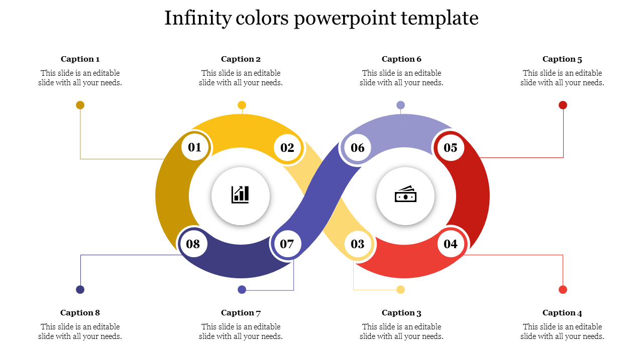 Infinity loop diagram in yellow, blue, and red, featuring eight numbered circles, linked to text areas.