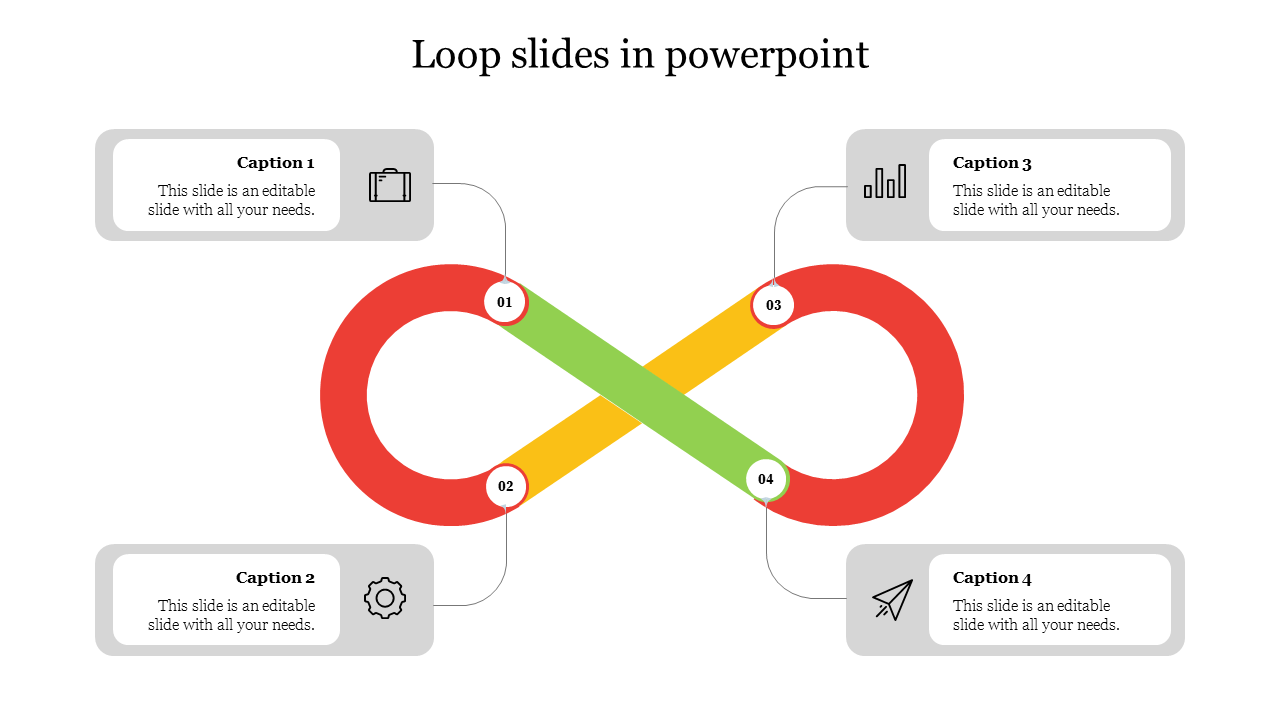 Infographic illustrating the process of how to loop in PowerPoint with an infinity shaped flowchart and four captions.