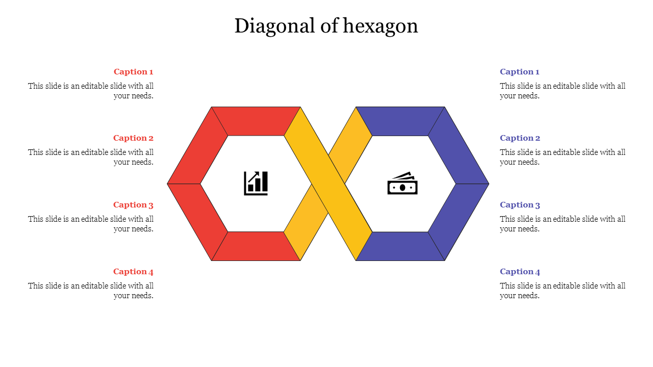 A slide with a diagram of two interlocking hexagons, red and blue, linked by a yellow diagonal line, with captions.