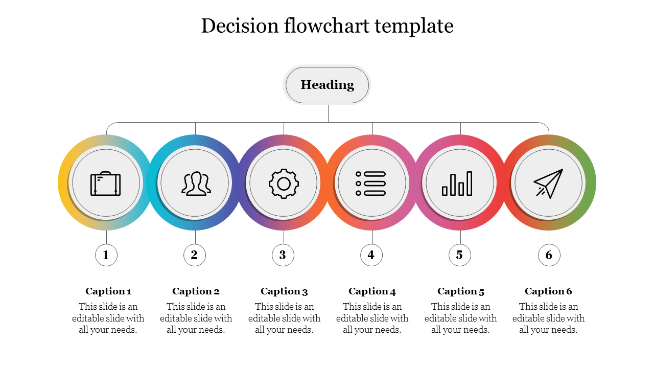 Colorful decision flowchart slide with six circular steps, each containing icons with placeholder text captions.