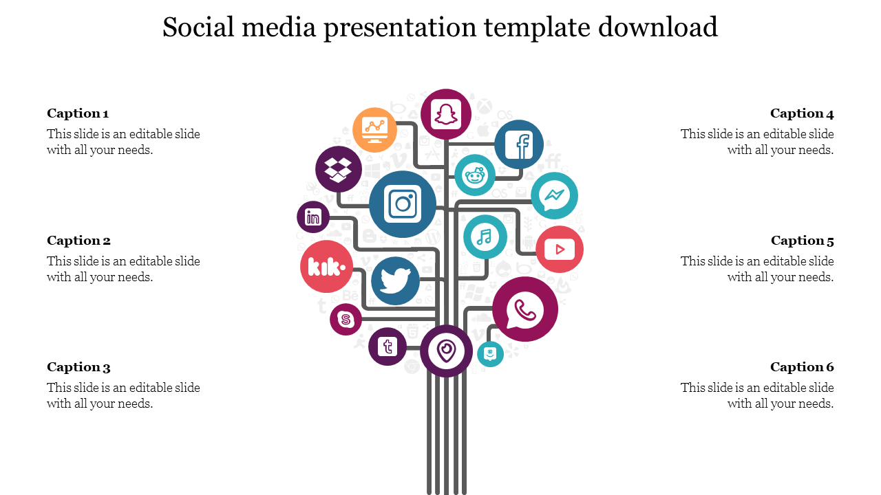 Tree shaped design with colorful social media icons branching out from the center, with six text areas on both sides.