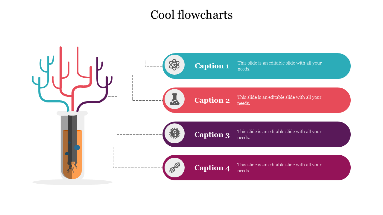 Flowchart slide with a test tube featuring branching colorful lines in blue, red, purpl, and pink, leading to text boxes.