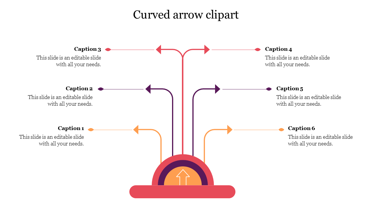 A colorful curved arrow diagram with six arrows pointing in different directions from a central point.