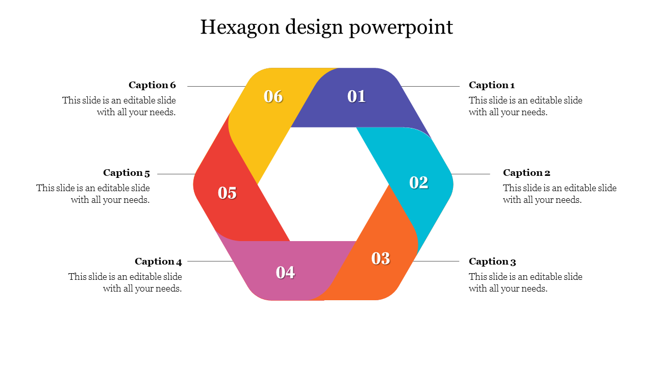 PowerPoint slide with a colorful hexagon design and numbered sections for content on a white backdrop.