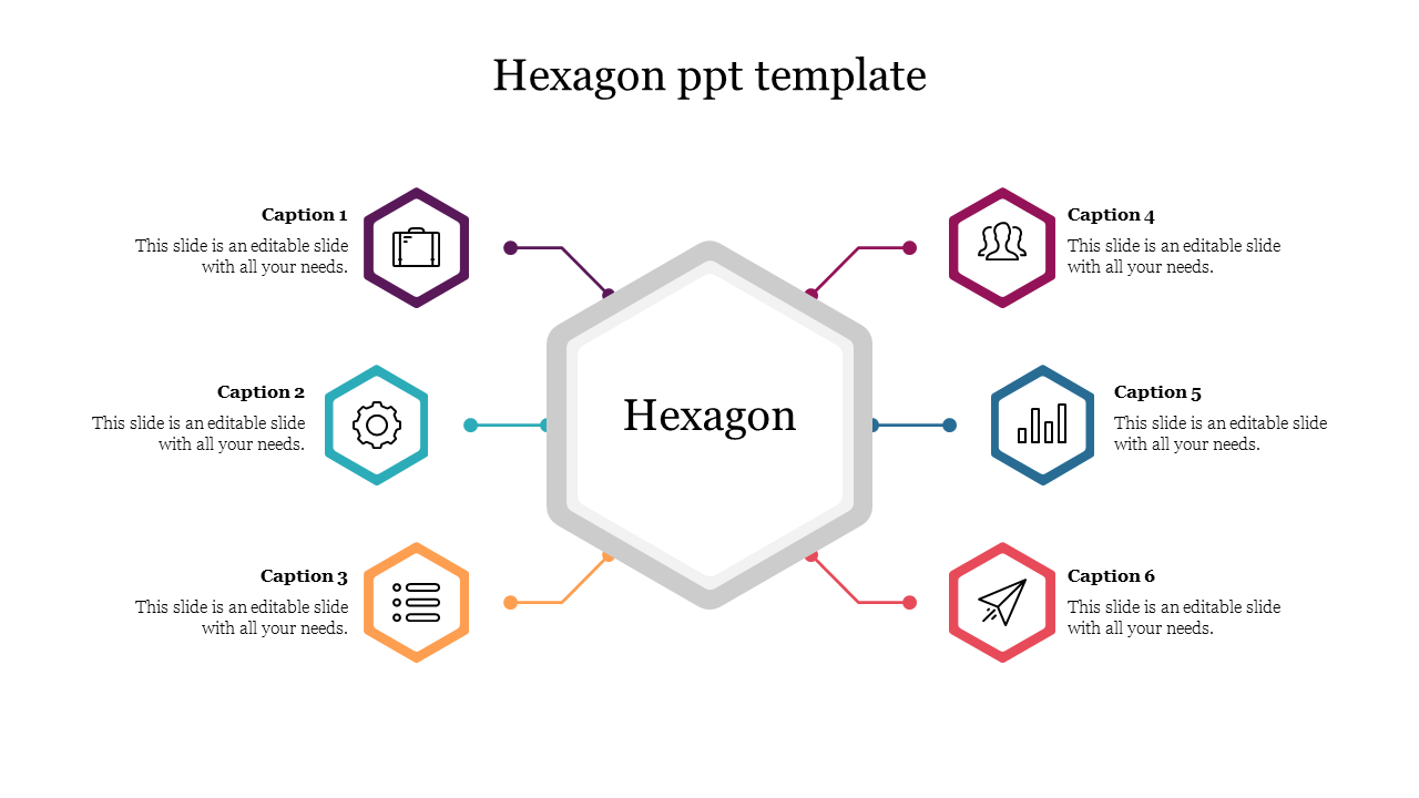 Hexagon shaped slide with six captioned sections connected to the center hexagon, each with its icon.