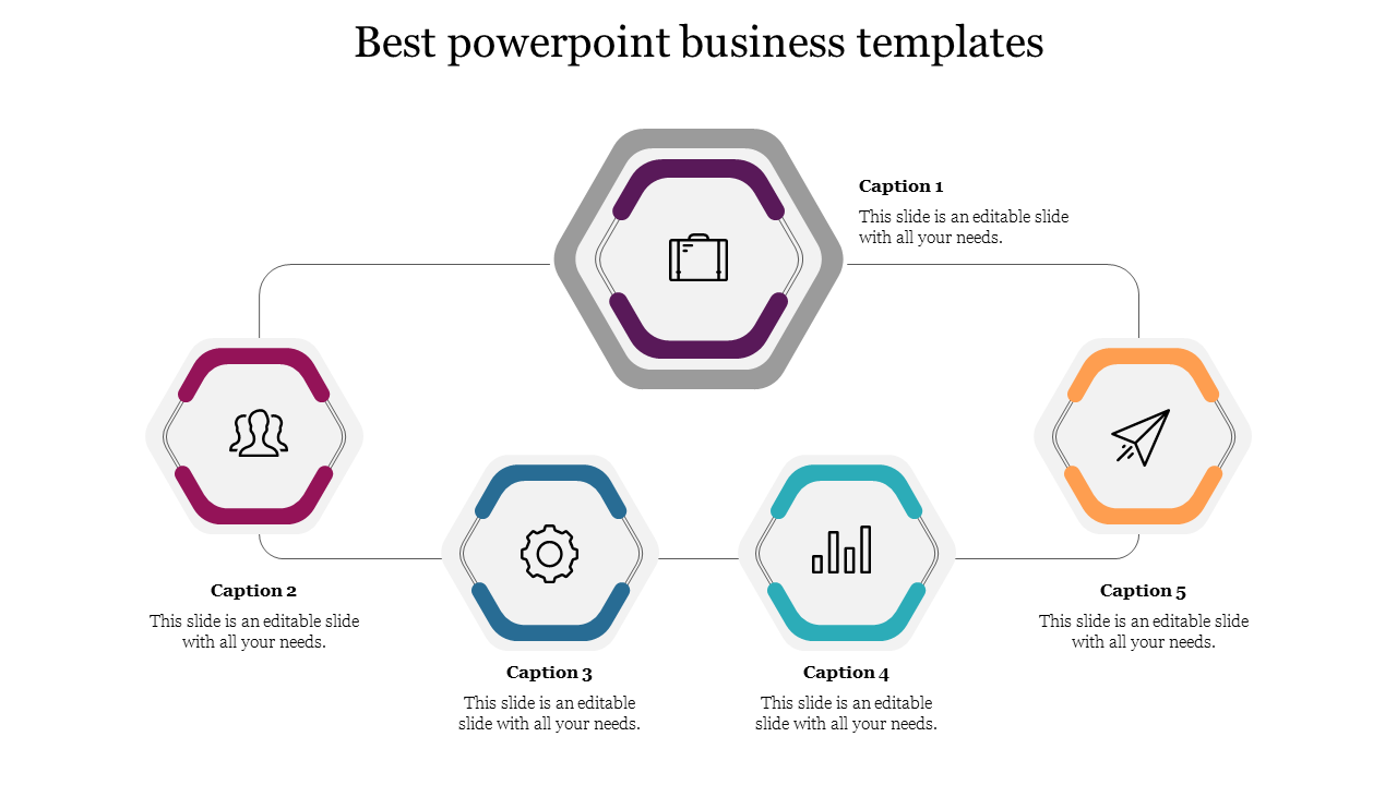 Business-themed infographic with six hexagons arranged in a structured layout, connected by lines.