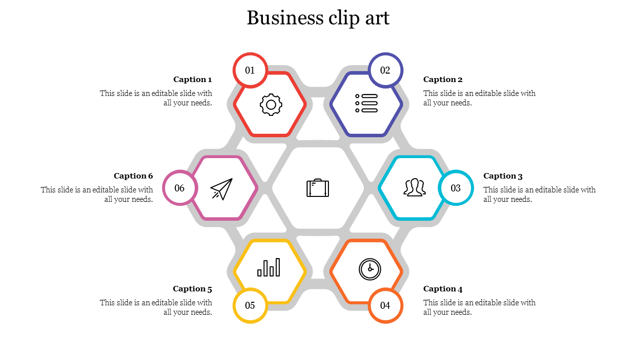 Business clip art slide with six interconnected hexagons featuring icons and numbered captions areas.