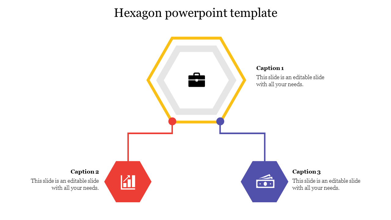 Slide featuring a central hexagon with icons, connected to two colored hexagons below each with caption text.