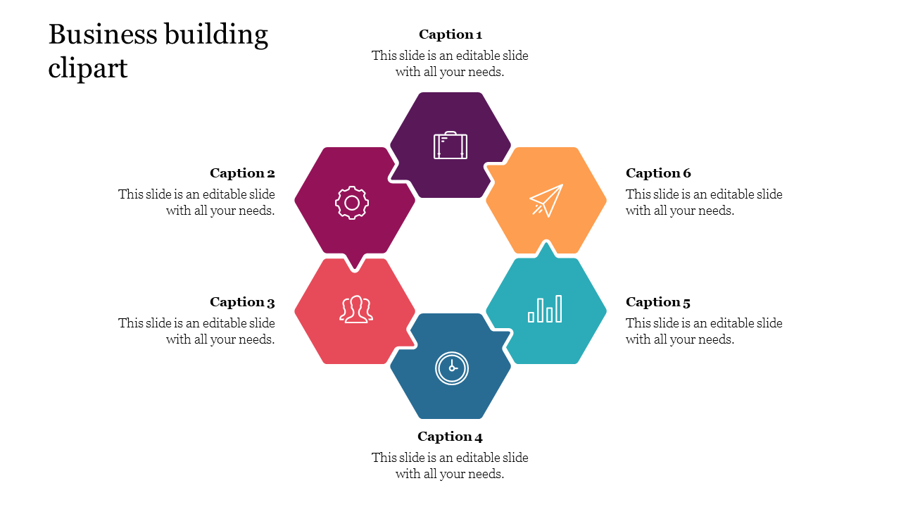 Business building clipart PPT slide with colorful hexagonal icons with captions on a white backdrop.