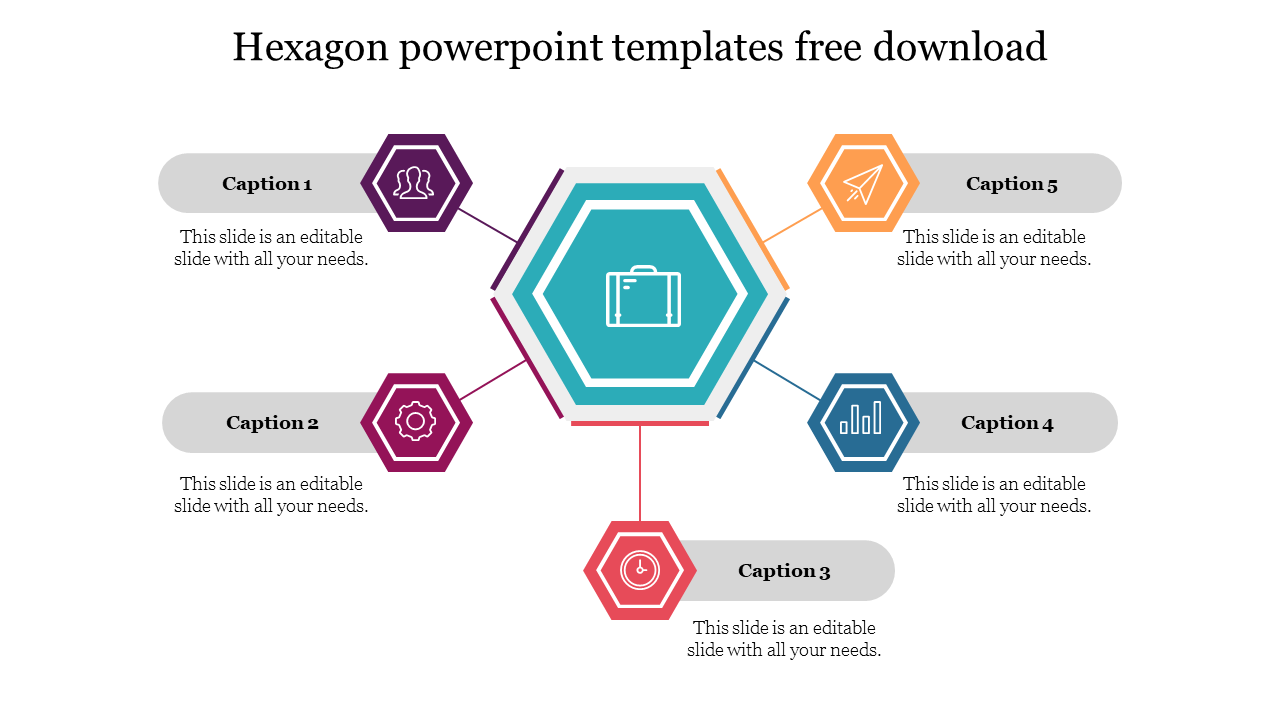 Hexagonal central icon connected to five surrounding hexagons, each with individual caption areas and icons.