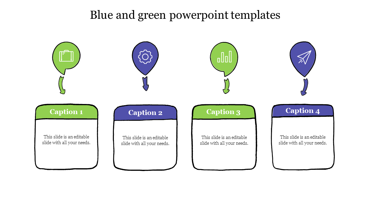 Four icons in green and blue balloons with corresponding text boxes below, connected by arrows pointing downward.