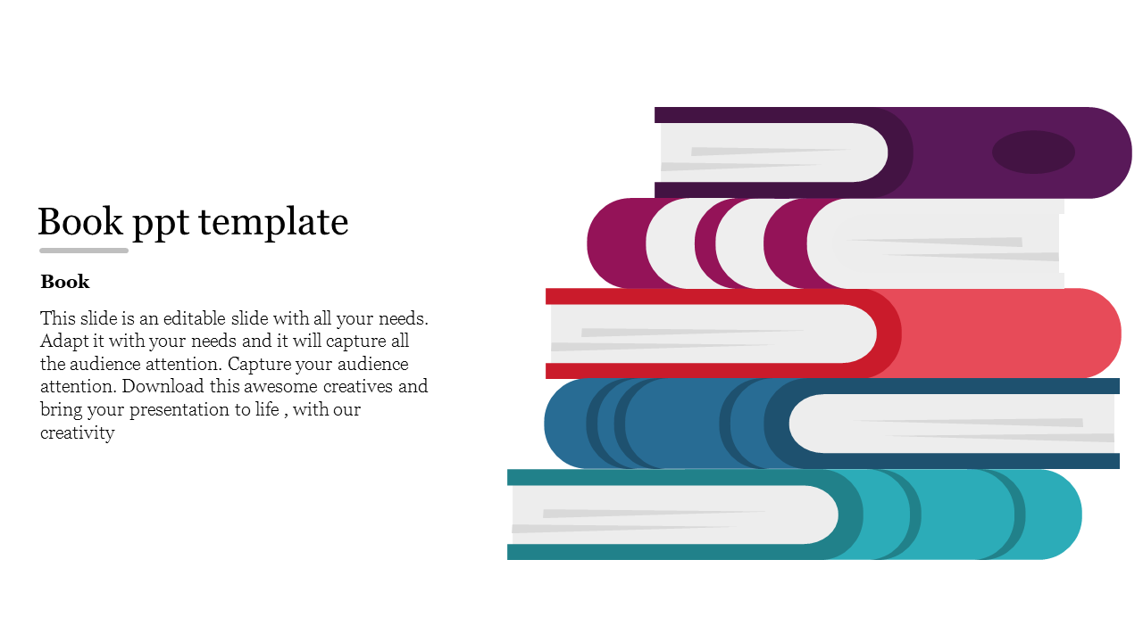 A stack of colorful books in shades of purple, red, blue, and teal on the right, with text on the left.