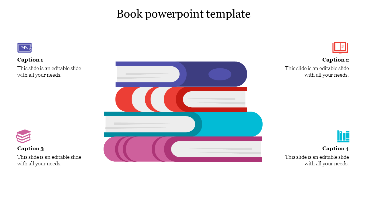 Illustration of stacked books in various colors, with four captions and icons arranged on the sides.