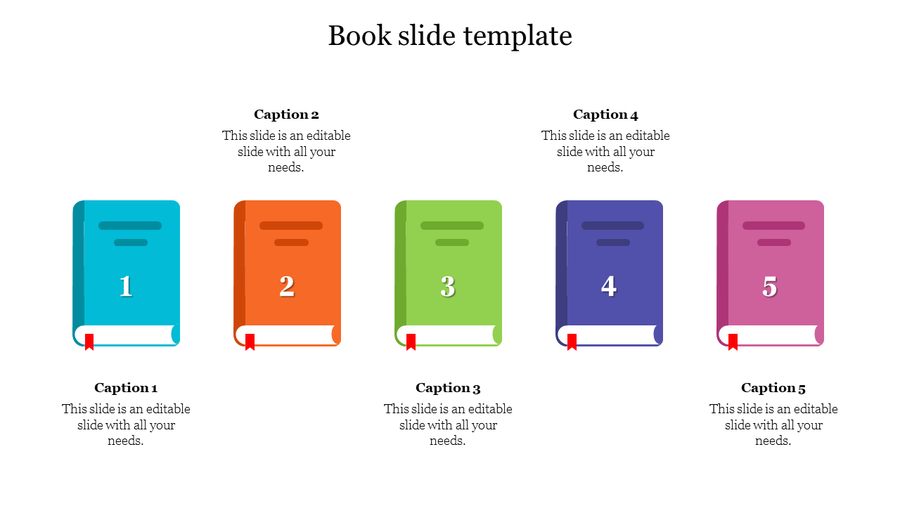 Colorful book slide with five different colored books and captions with placeholder text.