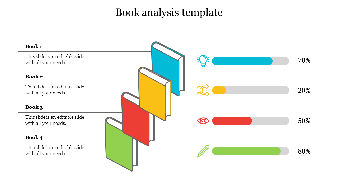 Four colored books stacked vertically, with corresponding progress bars and icons on the right showing percentages.