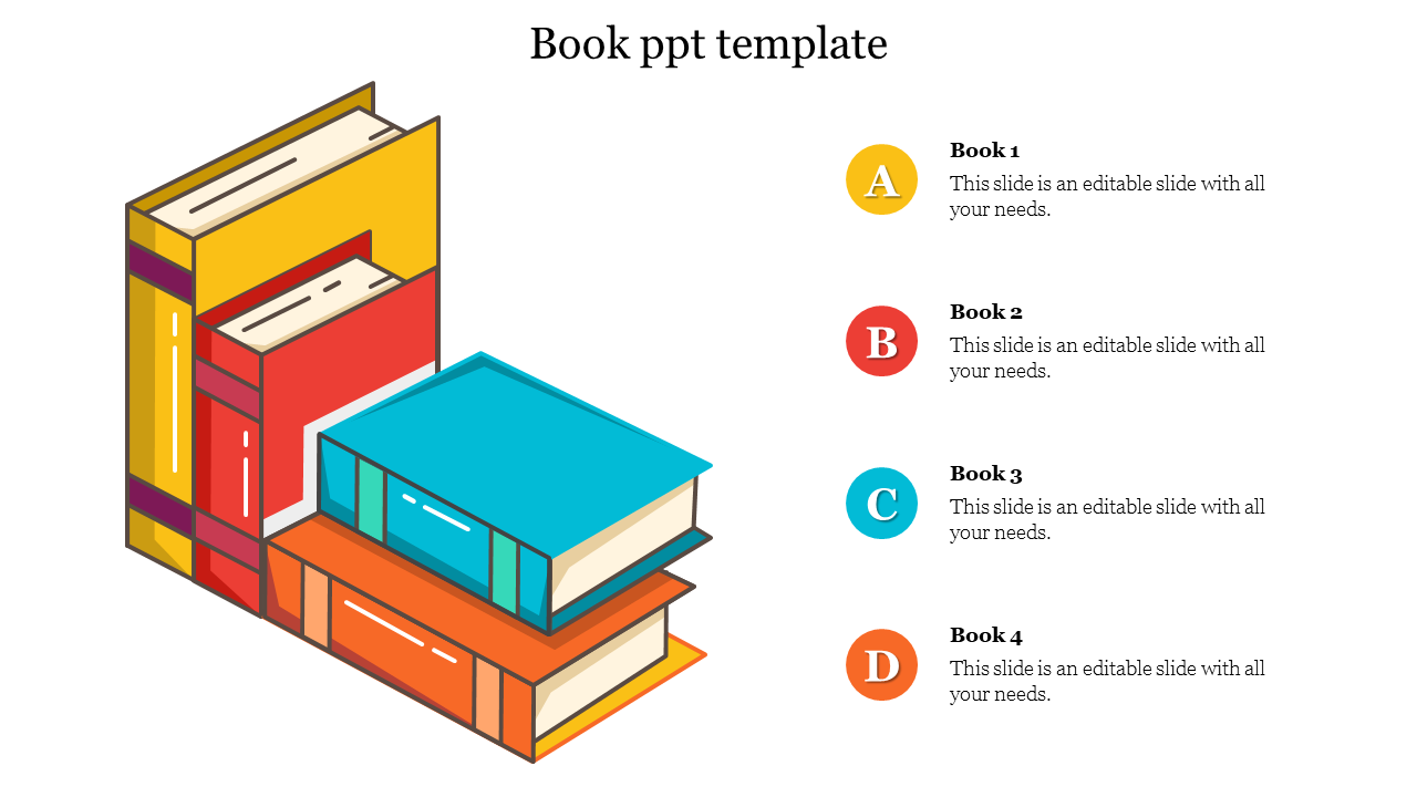 Illustration of stacked colorful books on the left with labeled placeholders on the right for book descriptions.