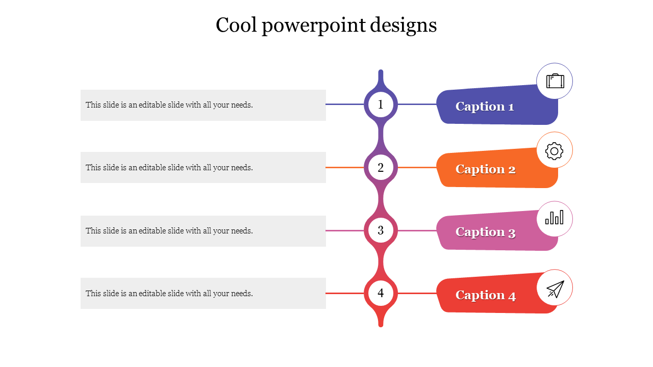 Slide displaying four shapes in purple, orange, pink, and red, each with an icon and caption, connected by vertical line.