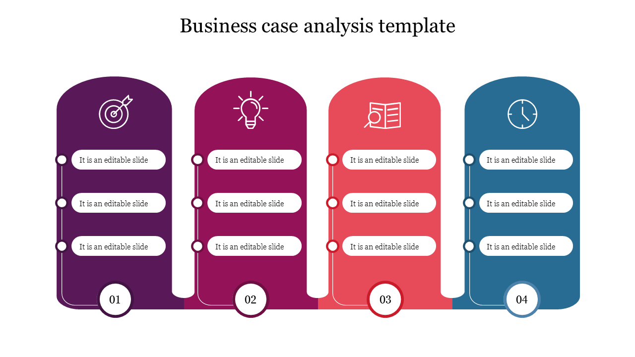 Four rounded rectangles in purple, magenta, red, and blue with icons and three text boxes arranged horizontally.