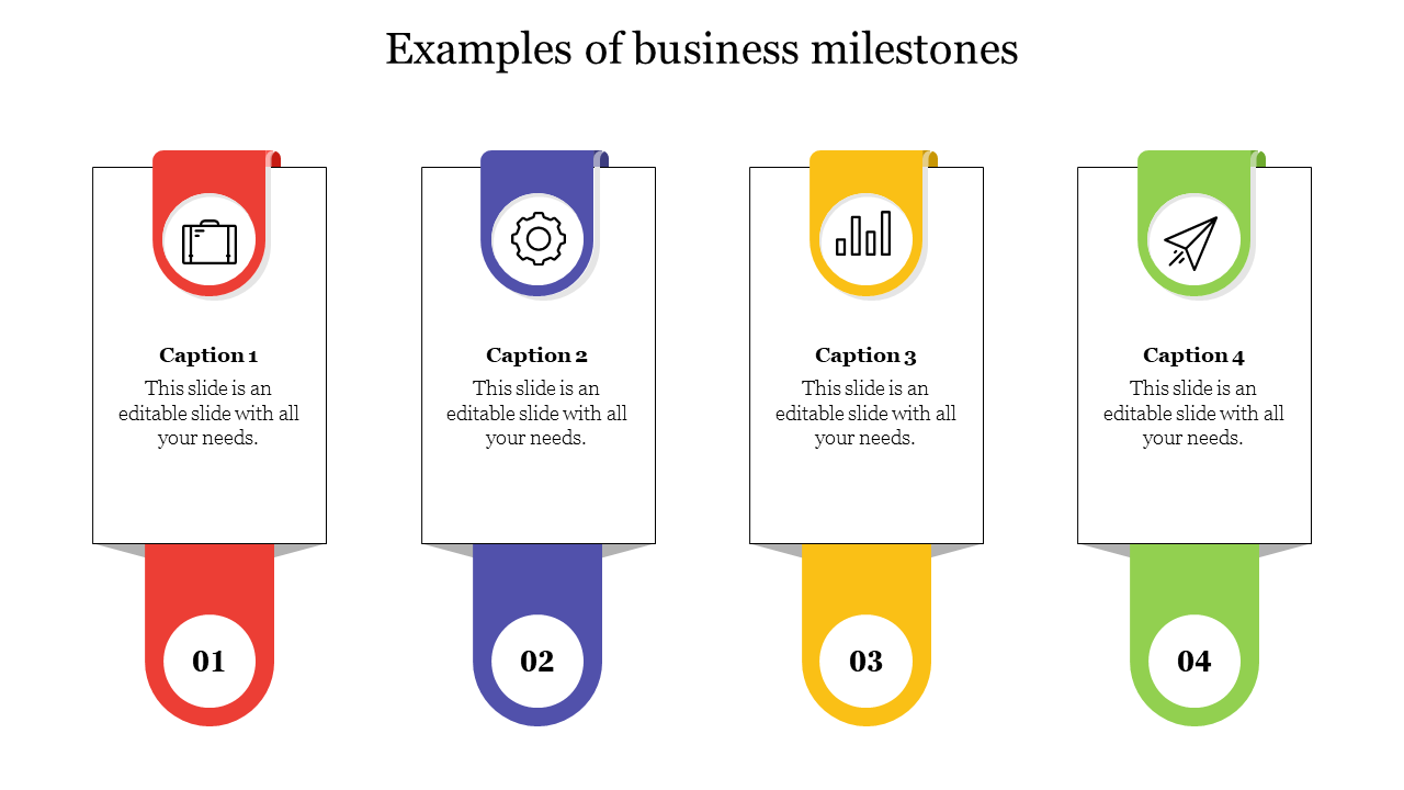 Four colorful business milestone examples slide labeled from 01 to 04, each with an icon and text caption.