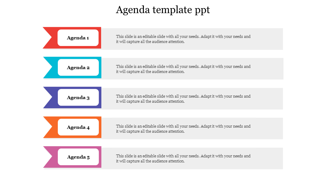 A vibrant PowerPoint slide featuring five agenda items, each with text and a unique color scheme.