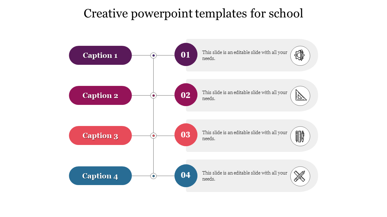 Four-step layout with numbered captions on the left and placeholder areas with icons for creative school-related topics.