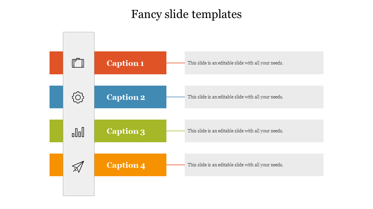 Gray vertical bar with icons, linked to four horizontal colored captions and text areas on the right.