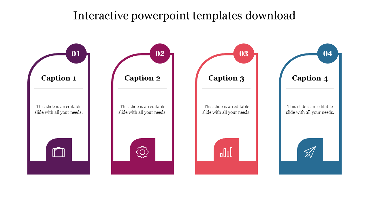 Four vertical, interactive curved rectangles in different colors, each with numbered icons, containing placeholder text.