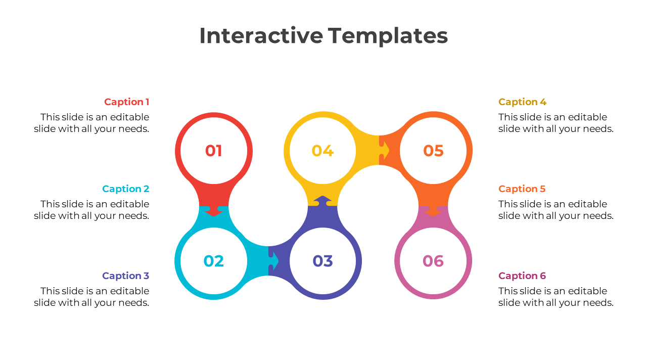 Vibrant layout featuring six connected circles with gradient colors, labeled from 01 to 06, with descriptive captions.