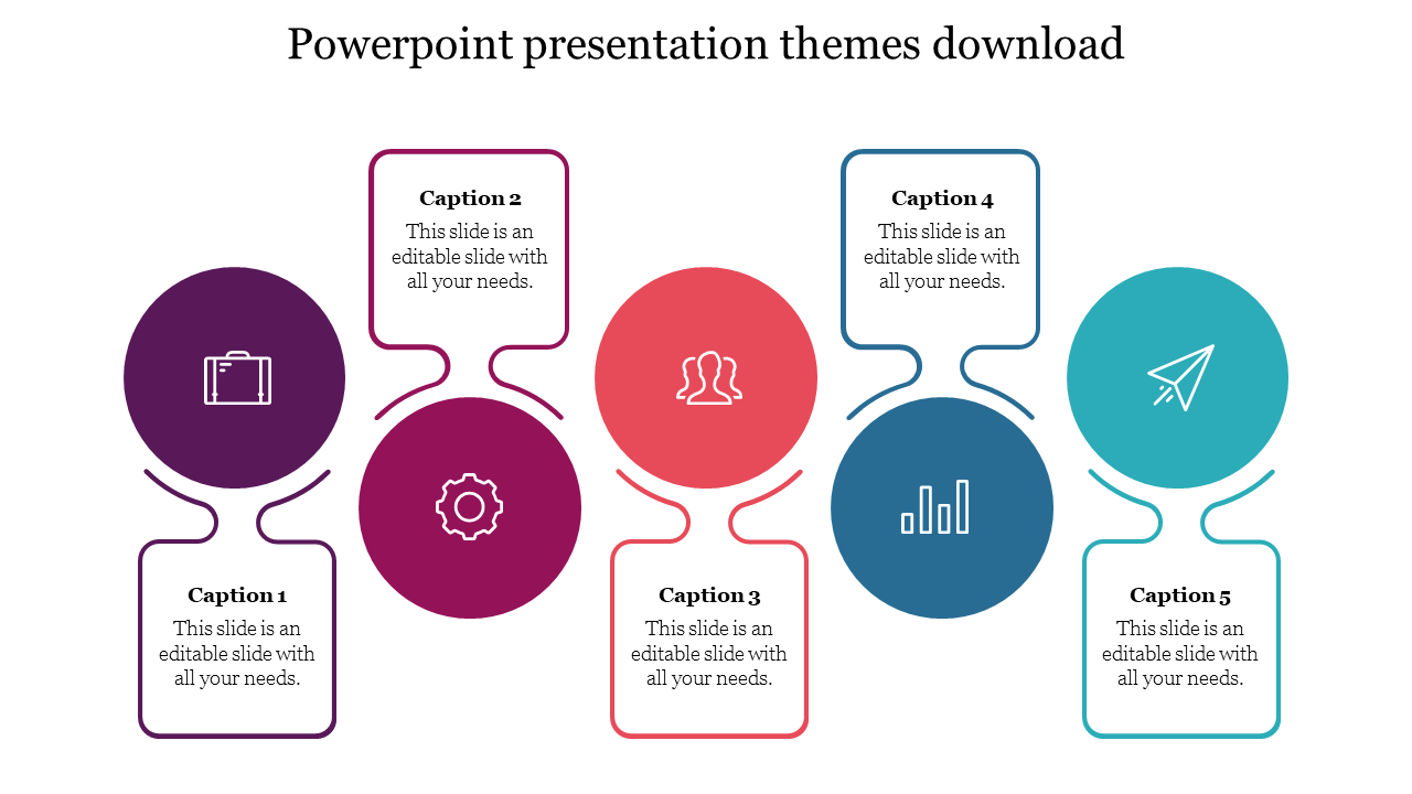 A creative PPT template featuring five sections with colorful icons such as a suitcase, gear, people, graph, and airplane.