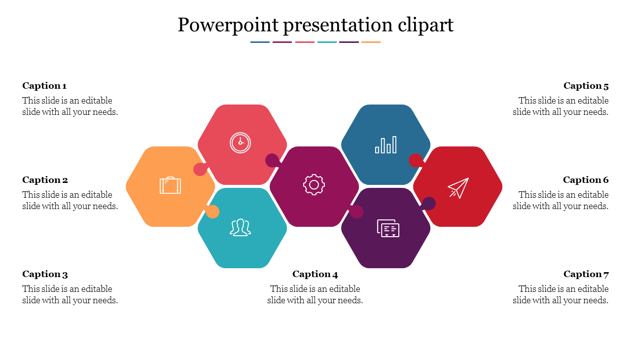 Hexagonal infographic with seven icons and corresponding captions arranged around a central clipart design.