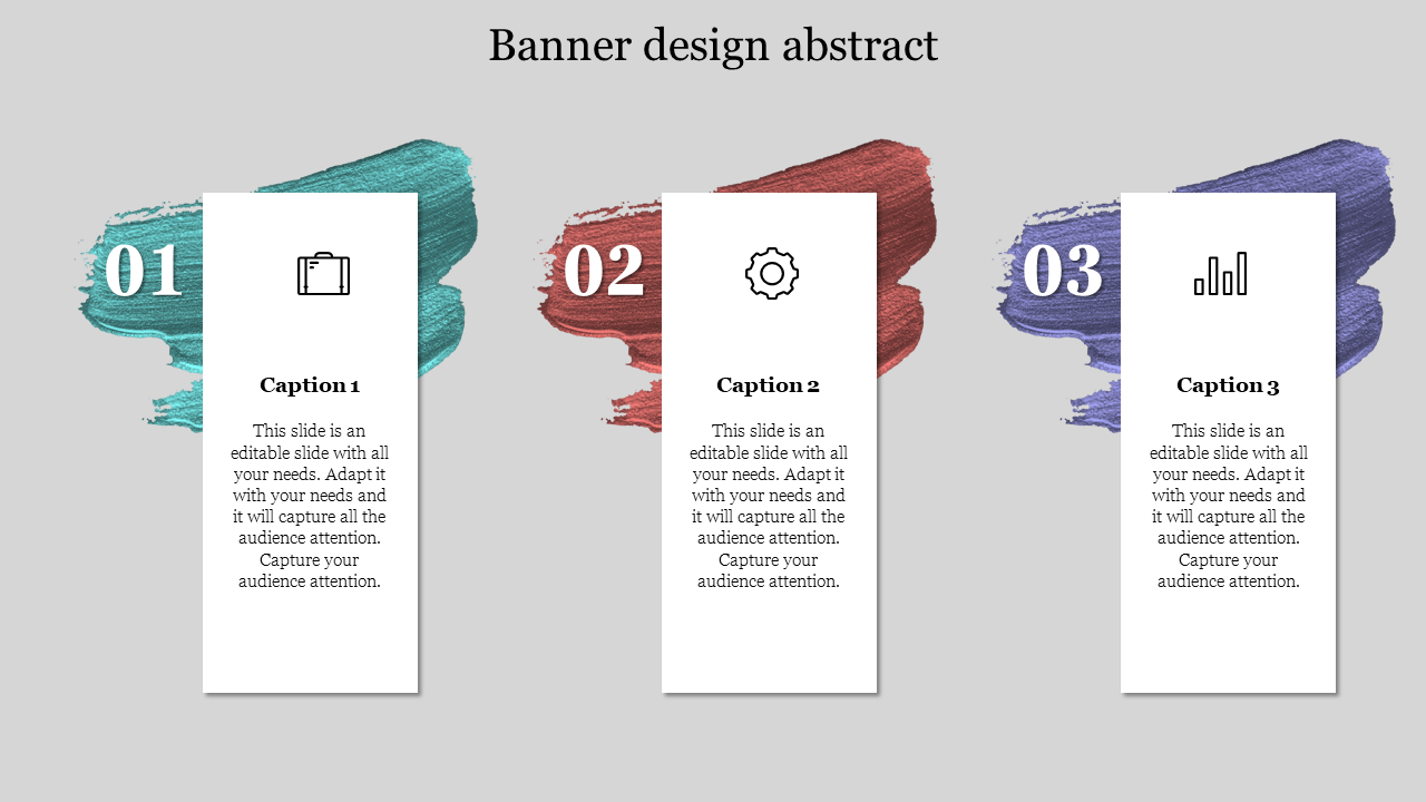 Three vertical banners numbered 01 to 03 with icons, set against green, red, and blue abstract brushstroke backgrounds.