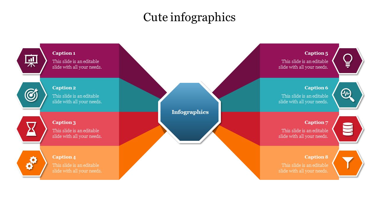 Slide with vibrant hexagons and triangles in red, teal, orange, and yellow, arranged around a central blue hexagon.